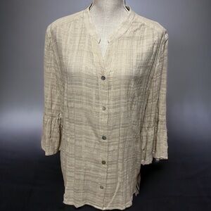 Ruby Rd front button blouse, beige with gold. Sz XL